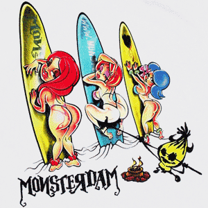 Playera Monsterdam para mujer. Blanca. Modelo Surf Girls - Haz click en la imagen para cerrar la ventana